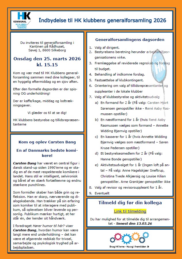 HK Klubbens generalforsamling onsdag den 25. marts 2026 kl. 15.15